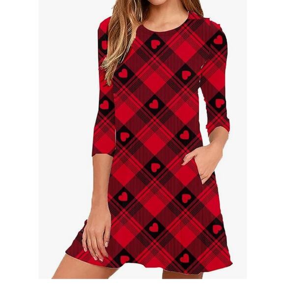Roshop Heart and Plaid Crew Neck with Pockets Dress NWT Size M - Picture 1 of 11